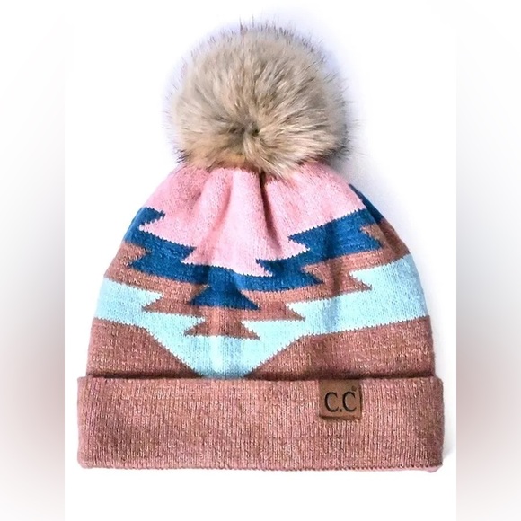 C.C Aztec Pattern Beanie Hat with Pom - Picture 1 of 1
